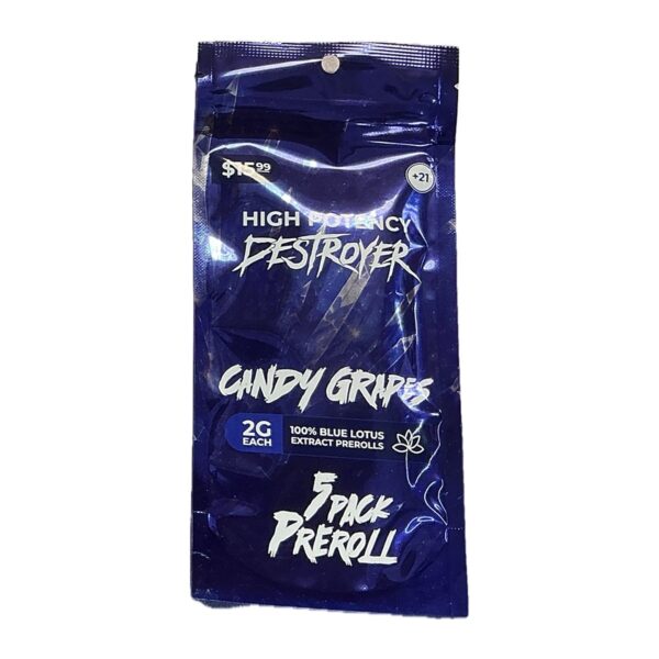 High Potency Destroyer Blue Lotus Extract Pre-Rolls 5ct pouch, Candy Grapes