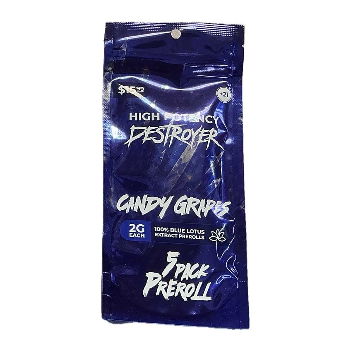 High Potency Destroyer Blue Lotus Extract Pre-Rolls 5ct pouch, Candy Grapes