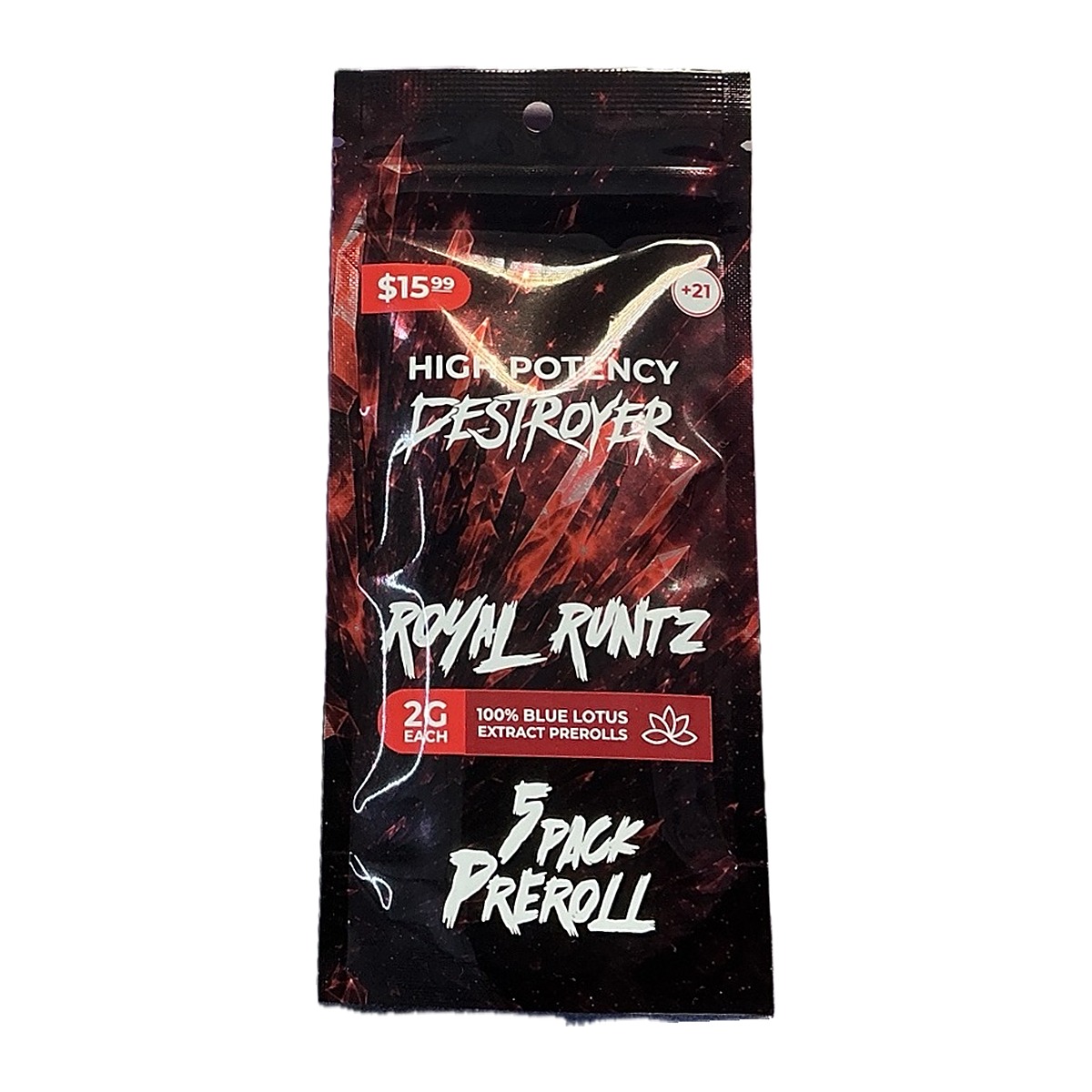 High Potency Destroyer Blue Lotus Extract Pre-Rolls 5ct pouch, Royal Runtz