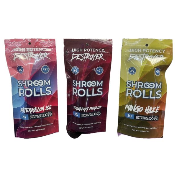 High Potency Destroyer Shroom Rolls mushroom pre-rolls 2ct pouches, all three flavors
