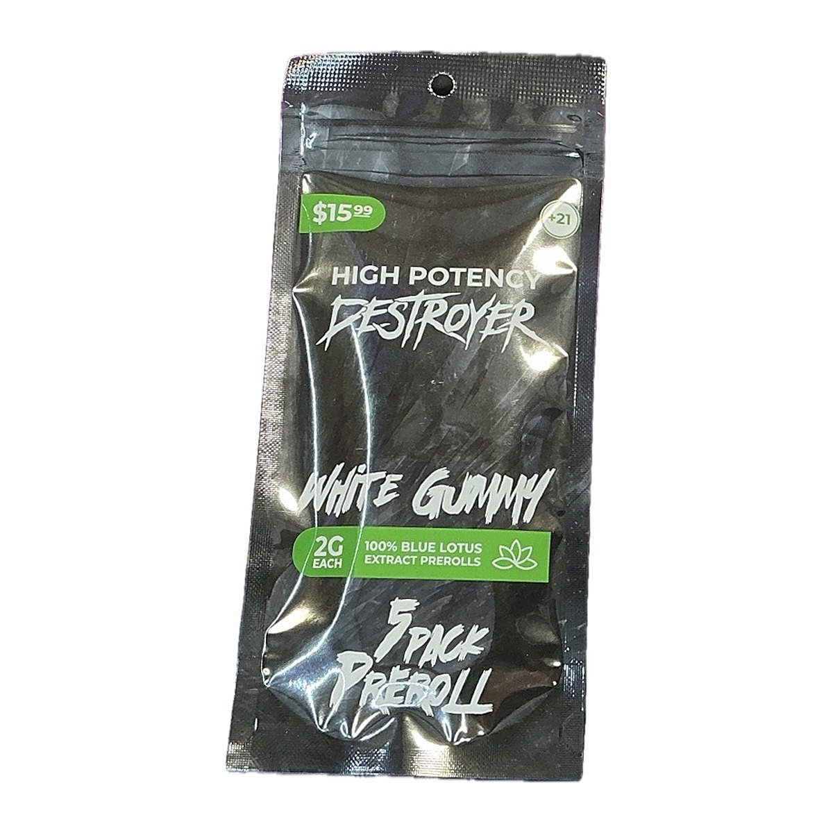 High Potency Destroyer Blue Lotus Extract Pre-Rolls 5ct pouch, White Gummy