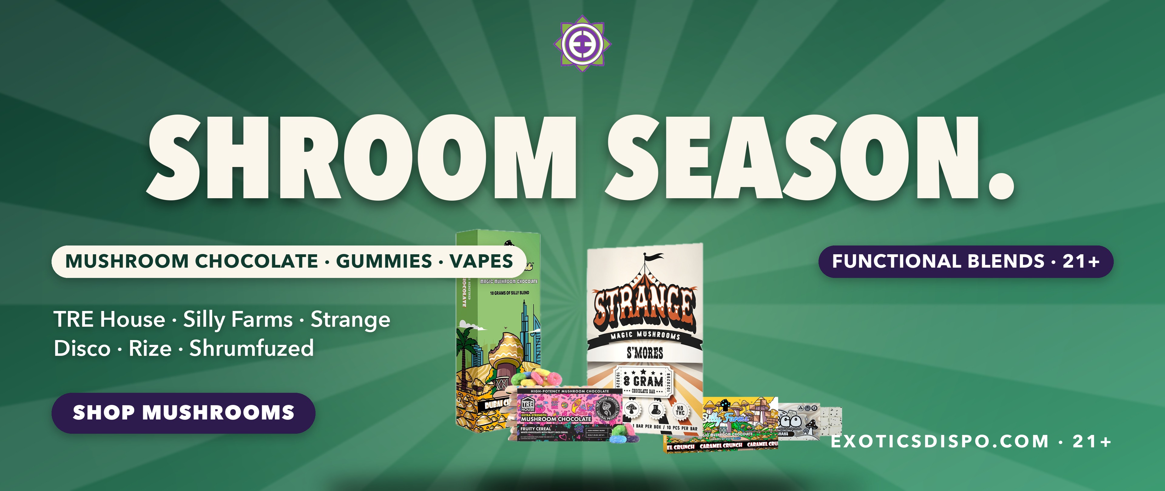 Shroom season. Mushroom chocolate, gummies and vapes at Exotics Dispo