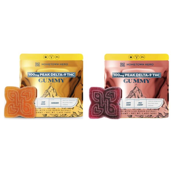 Hometown Hero Peak Delta-9 THC 100MG live rosin gummies — Mandarin Sour Diesel and Wild Cherry White Rhino pouches