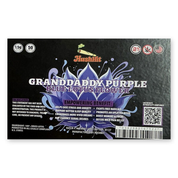 HushHit Blue Lotus Flower Granddaddy Purple 1.5g pre-roll case label
