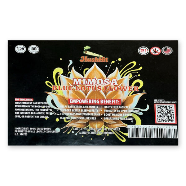 HushHit Blue Lotus Flower Mimosa 1.5g pre-roll case label