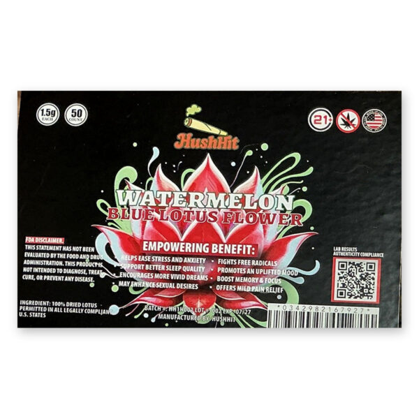 HushHit Blue Lotus Flower Watermelon 1.5g pre-roll case label