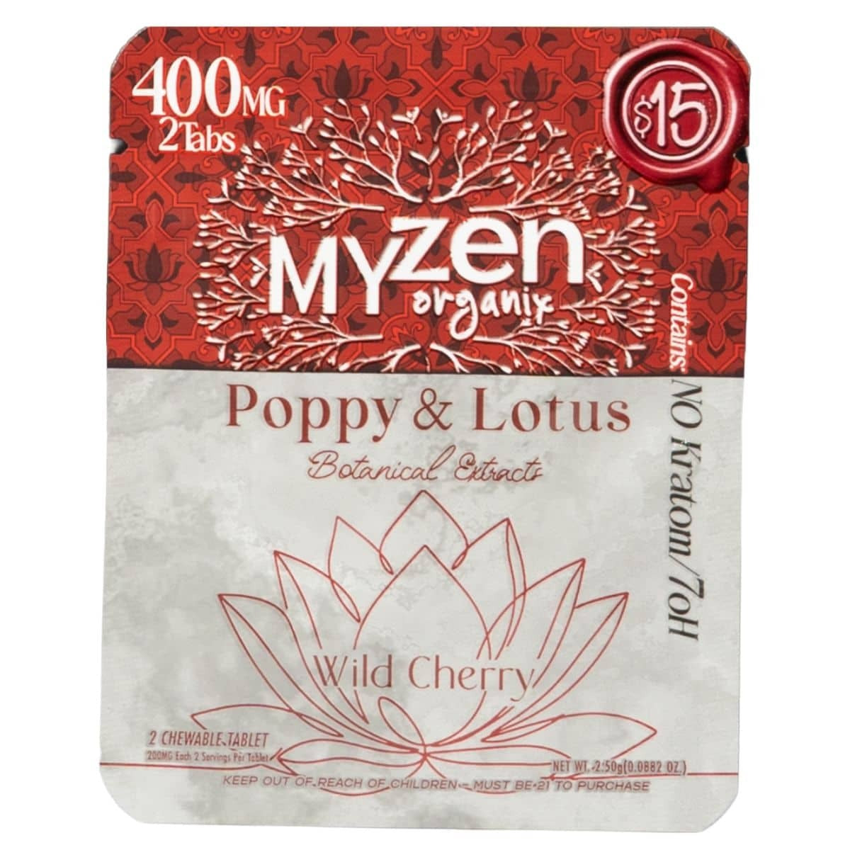 MyZen Organix Poppy & Lotus botanical extract tablets 2ct, Wild Cherry pouch