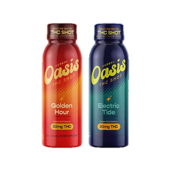 Herbal Oasis THC Shot 30MG — Golden Hour and Electric Tide 2 oz bottles