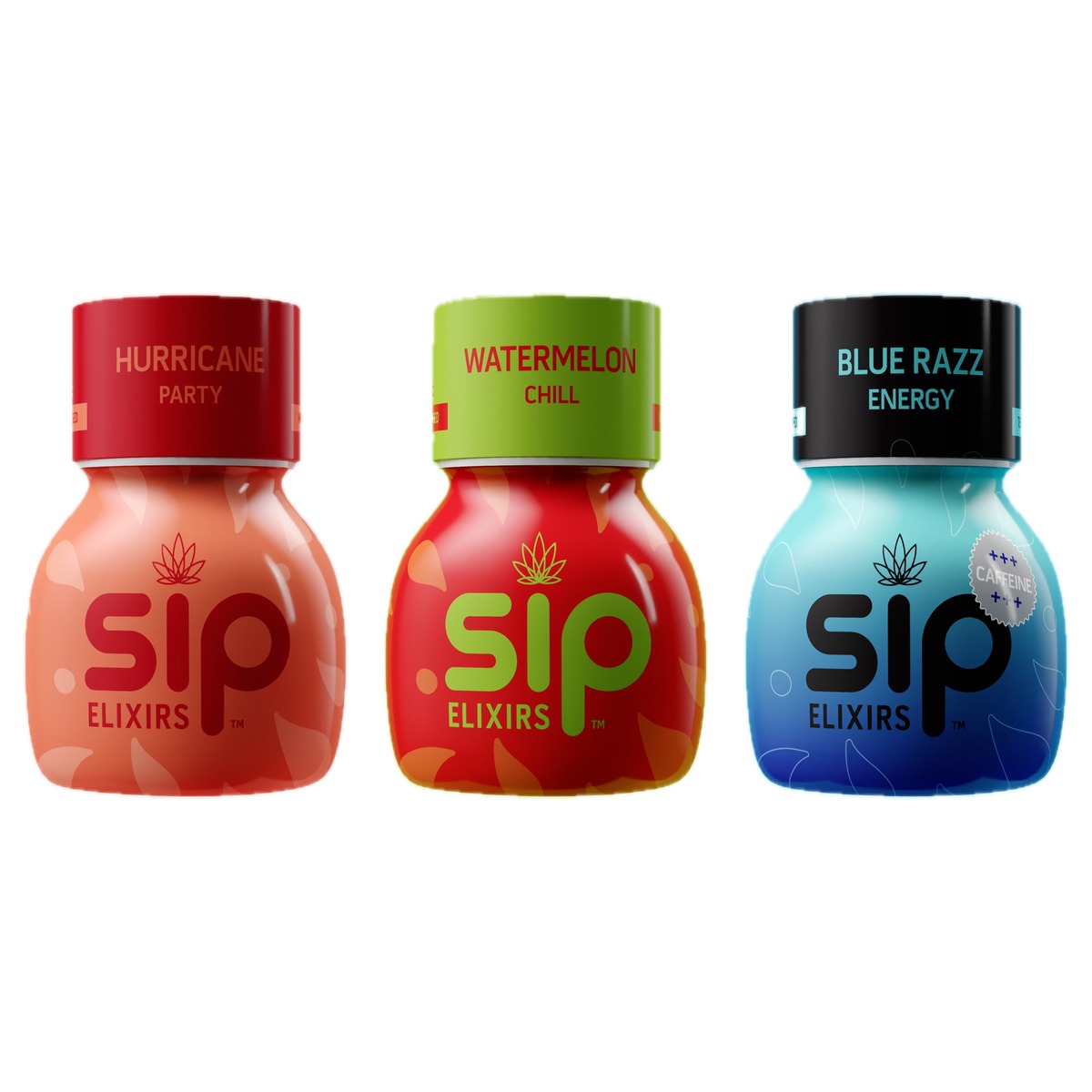 Sip Elixirs THC Shot 30MG — Hurricane Party, Watermelon Chill and Blue Razz Energy bottles