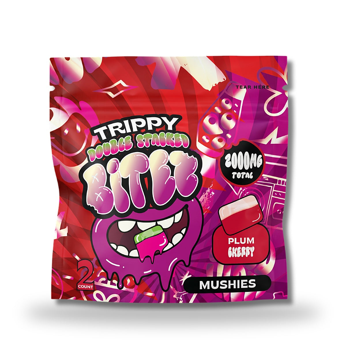 Trippy Bitez Mushies 2000MG 2ct - Plum Cherry bag