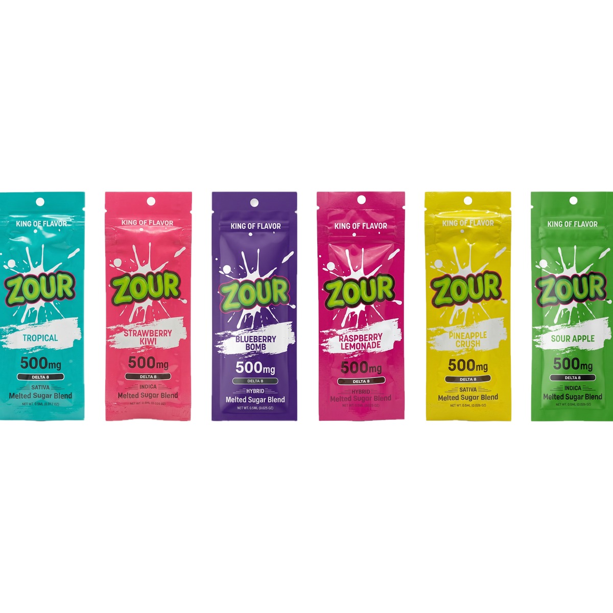 Zour Delta-8 Melted Sugar Blend 0.5mL disposable vapes, six flavors